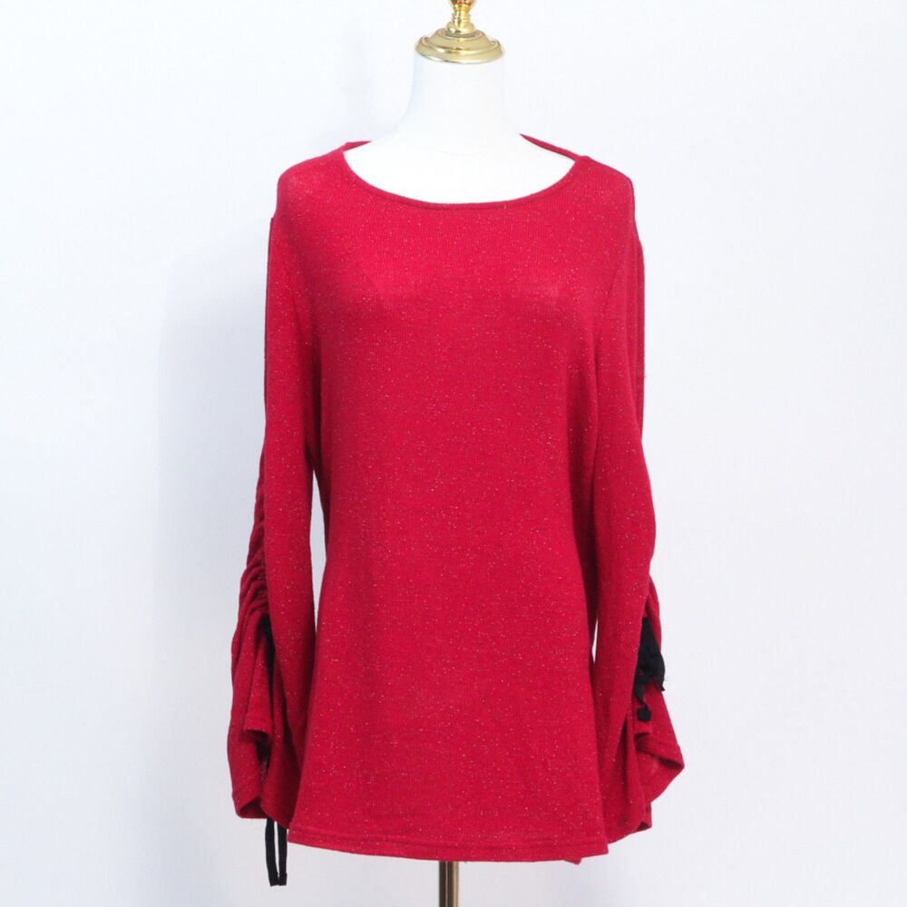 Juicy Couture Women’s Red Sparkle Knit Ruched Long Sleeve Tunic Top Size XL